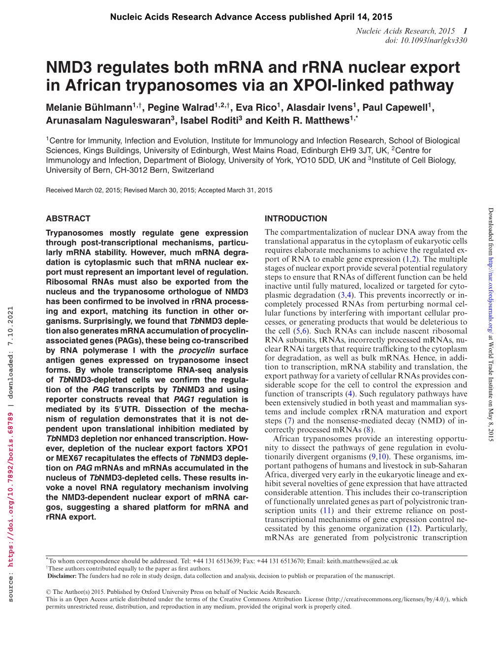 NMD3 Regulates Both Mrna and Rrna Nuclear Export In