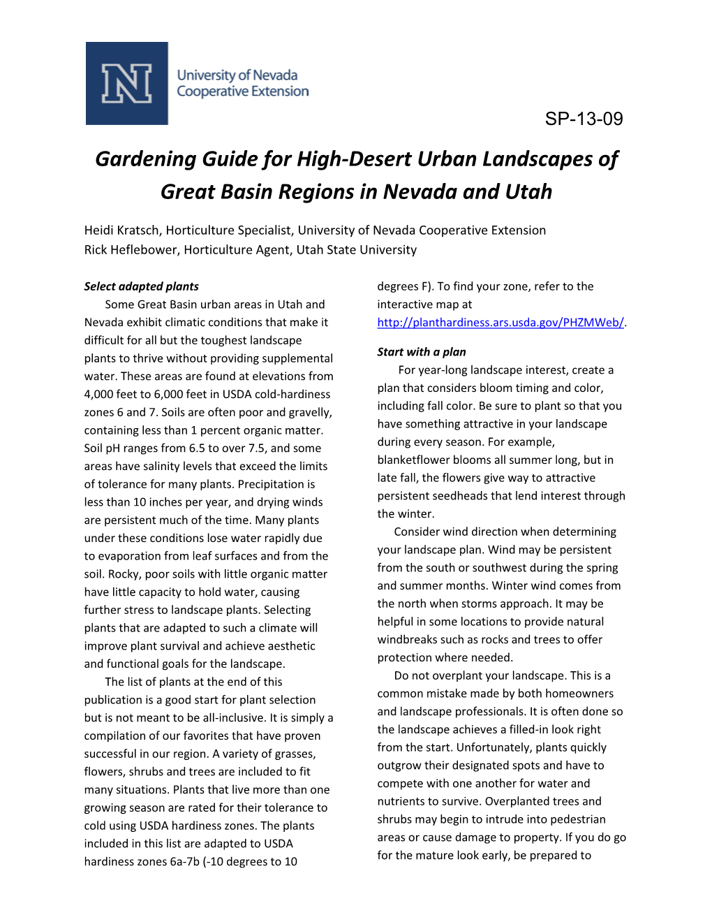 Gardening Guide for High-Desert Urban Landscapes of Great Basin Regions in Nevada and Utah