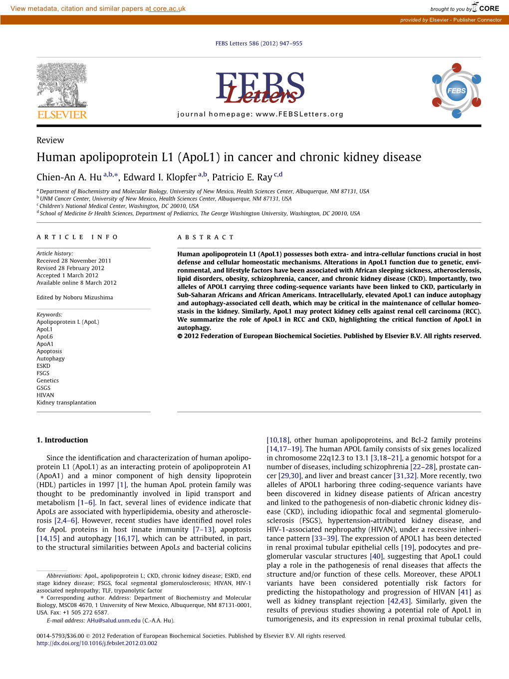 (Apol1) in Cancer and Chronic Kidney Disease ⇑ Chien-An A