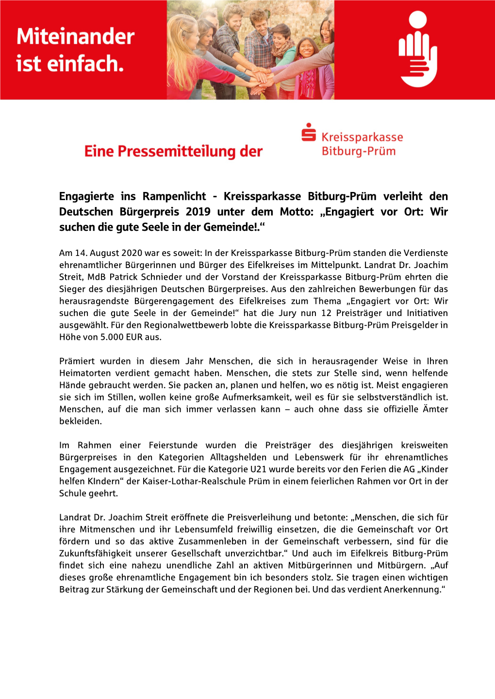 Kreissparkasse Bitburg-Prüm Verleiht Den Deutschen Bürgerpreis 2019 Unter Dem Motto: „Engagiert Vor Ort: Wir Suchen Die Gute Seele in Der Gemeinde!.“