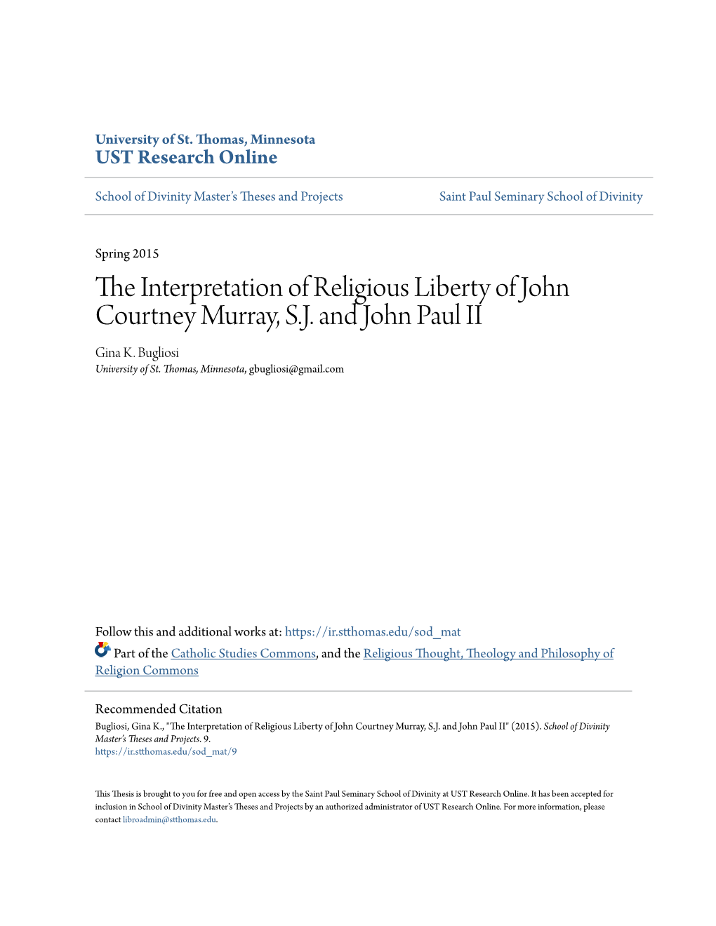 The Interpretation of Religious Liberty of John Courtney Murray, S.J. and John Paul II