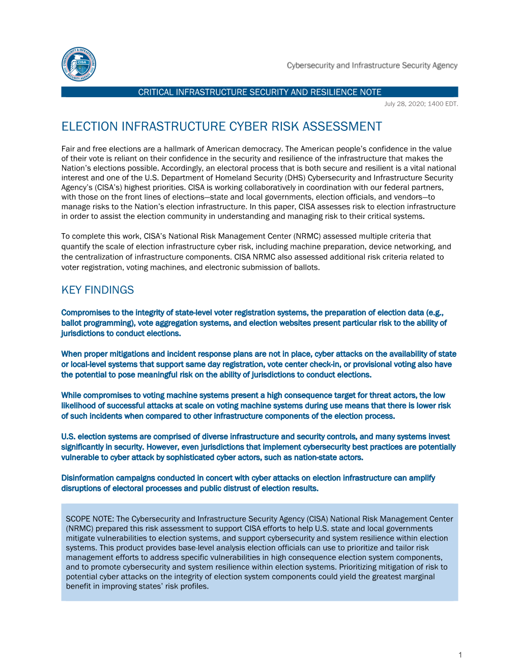 Election Infrastructure Cyber Risk Assessment