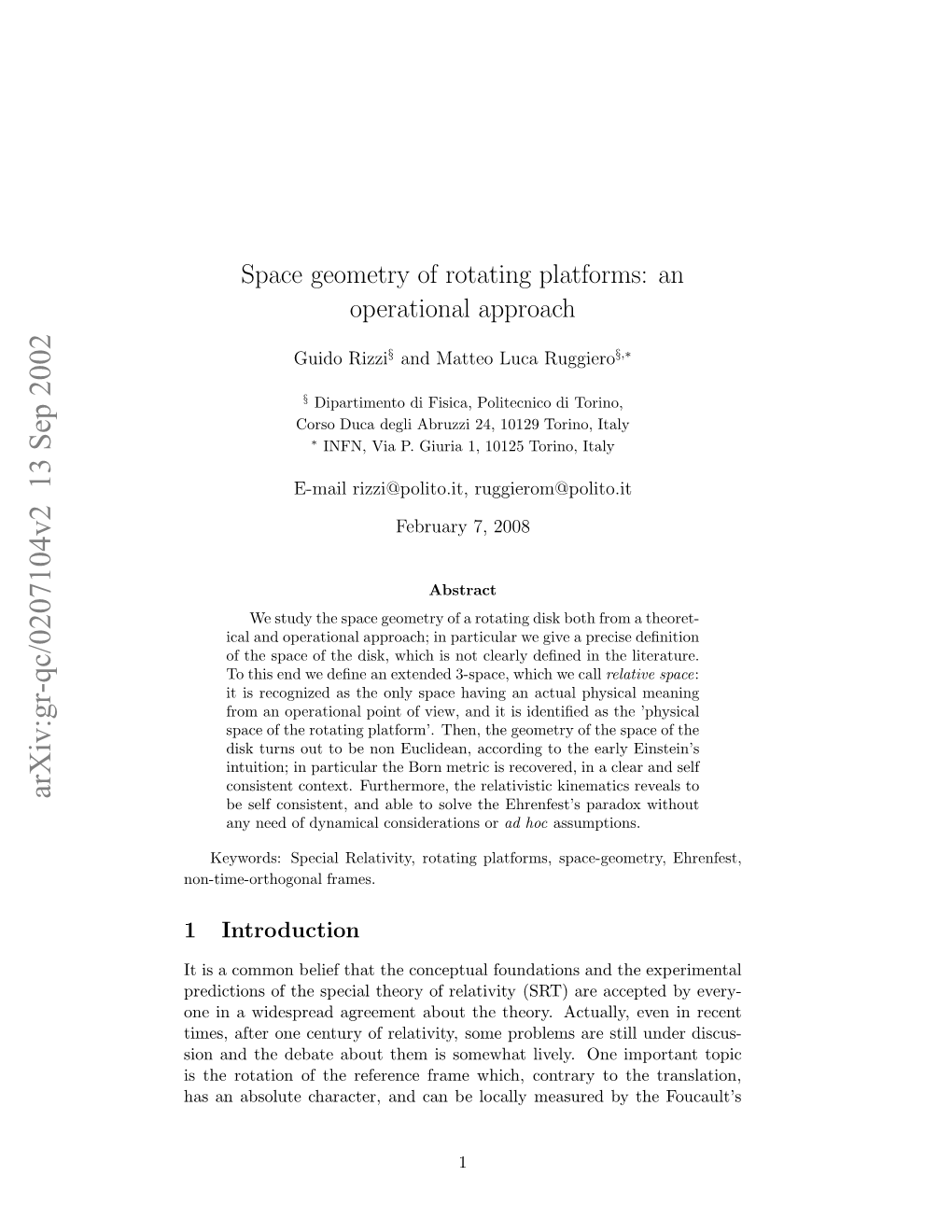 Space Geometry of Rotating Platforms: an Operational Approach