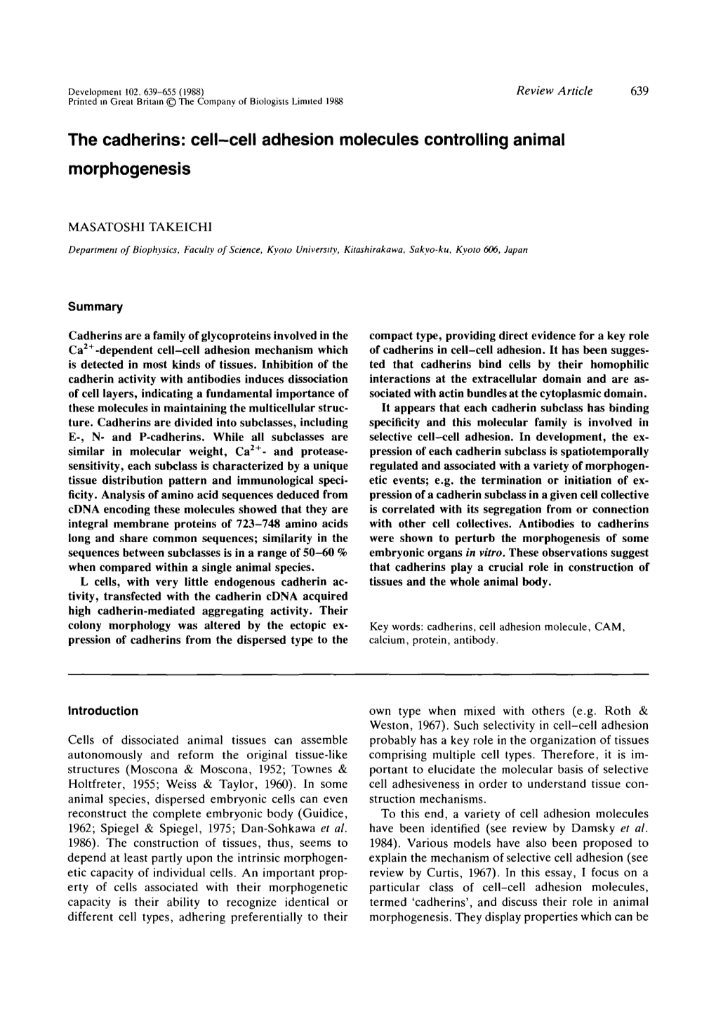 The Cadherins: Cell-Cell Adhesion Molecules Controlling Animal Morphogenesis