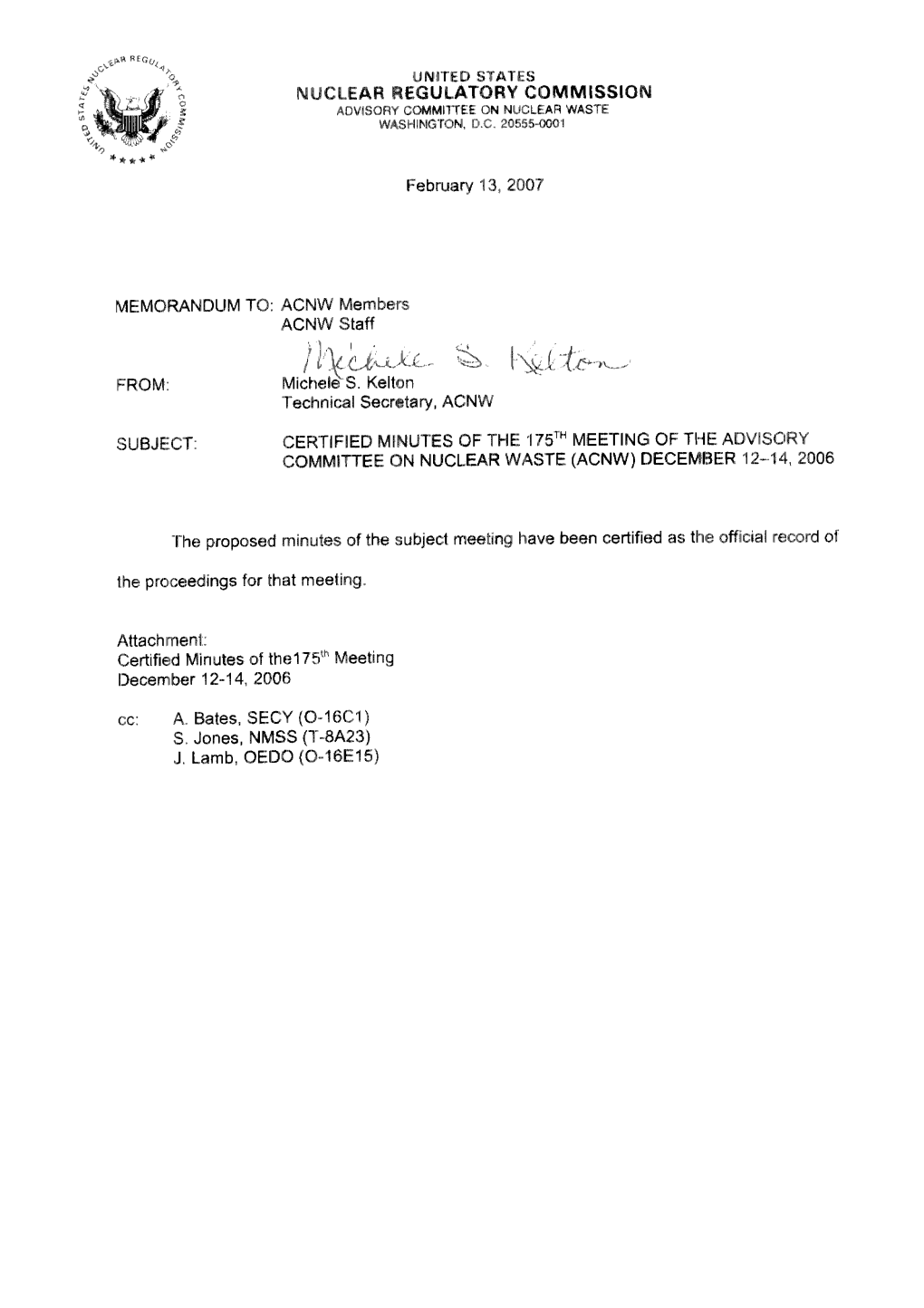 Certified Minutes of the 175Th ACNW Meeting, 12/12/06