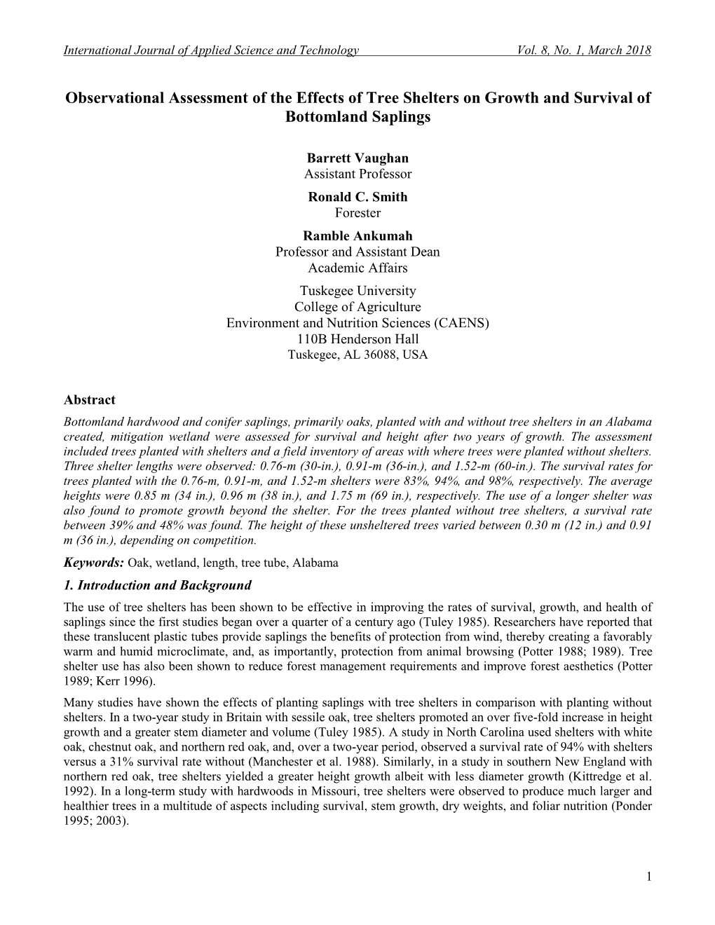 Observational Assessment of the Effects of Tree Shelters on Growth and Survival of Bottomland Saplings