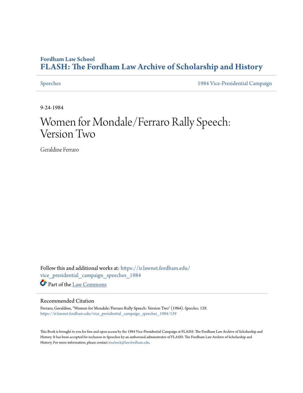 Women for Mondale/Ferraro Rally Speech: Version Two Geraldine Ferraro