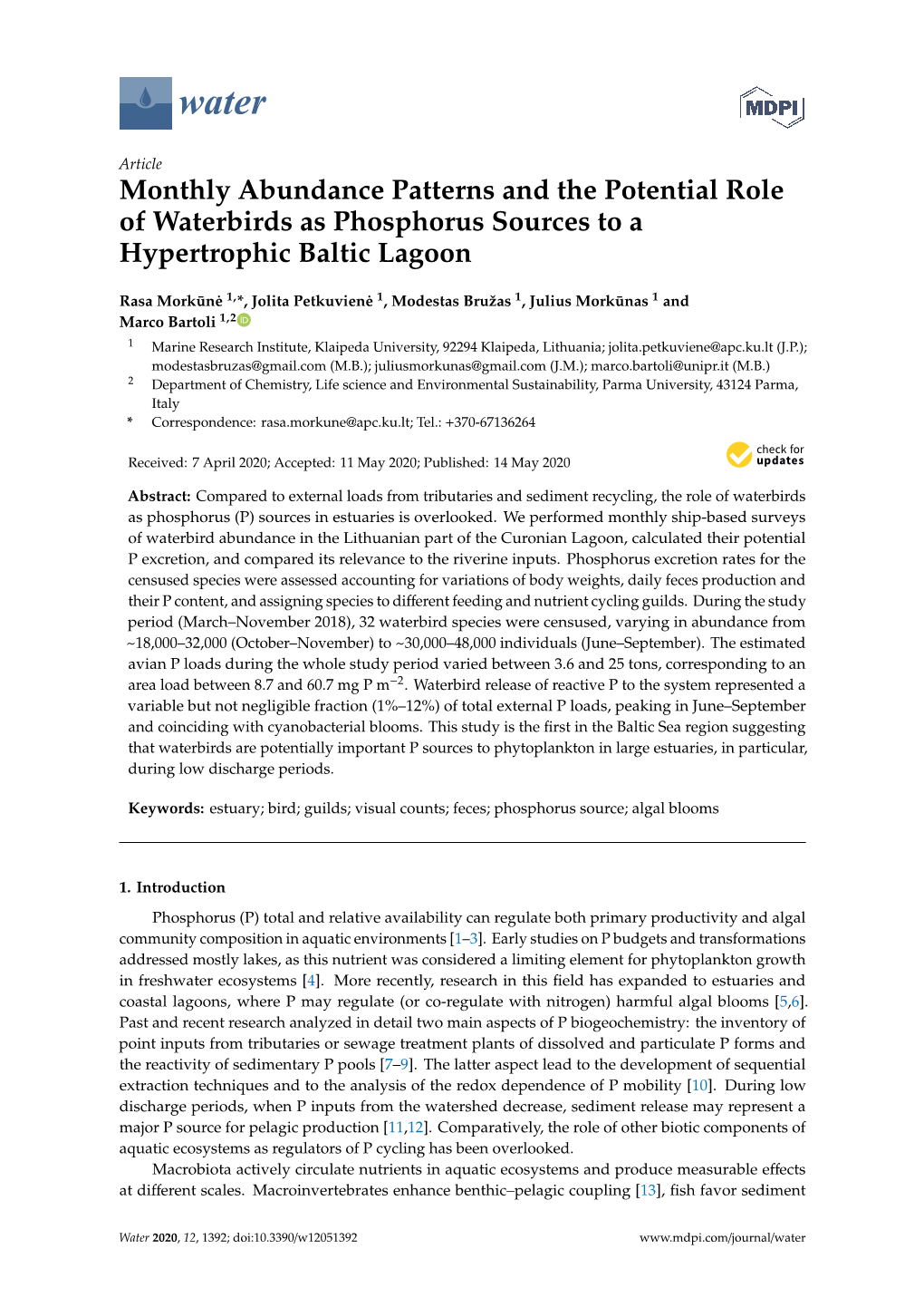 Monthly Abundance Patterns and the Potential Role of Waterbirds As Phosphorus Sources to a Hypertrophic Baltic Lagoon