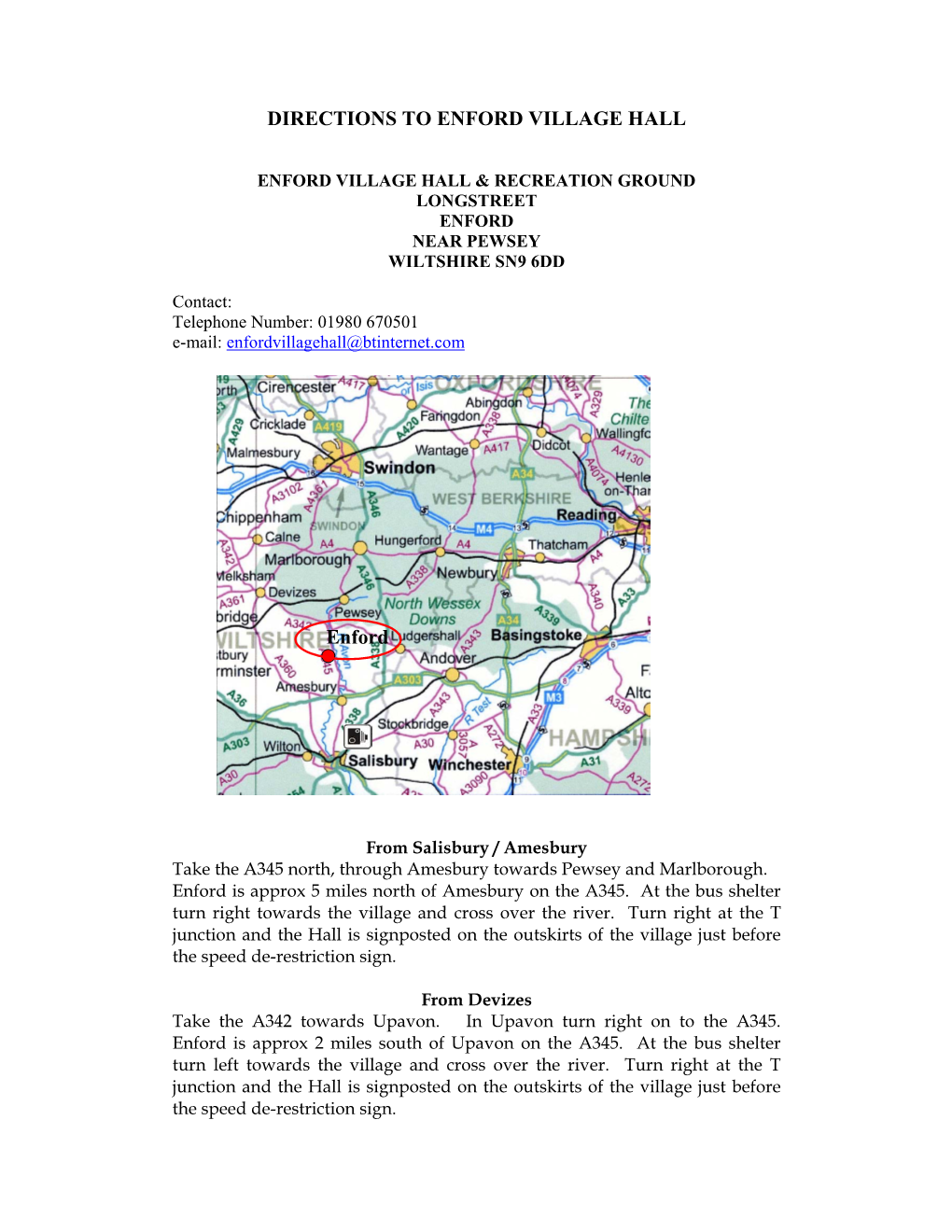 DIRECTIONS to ENFORD VILLAGE HALL Enford