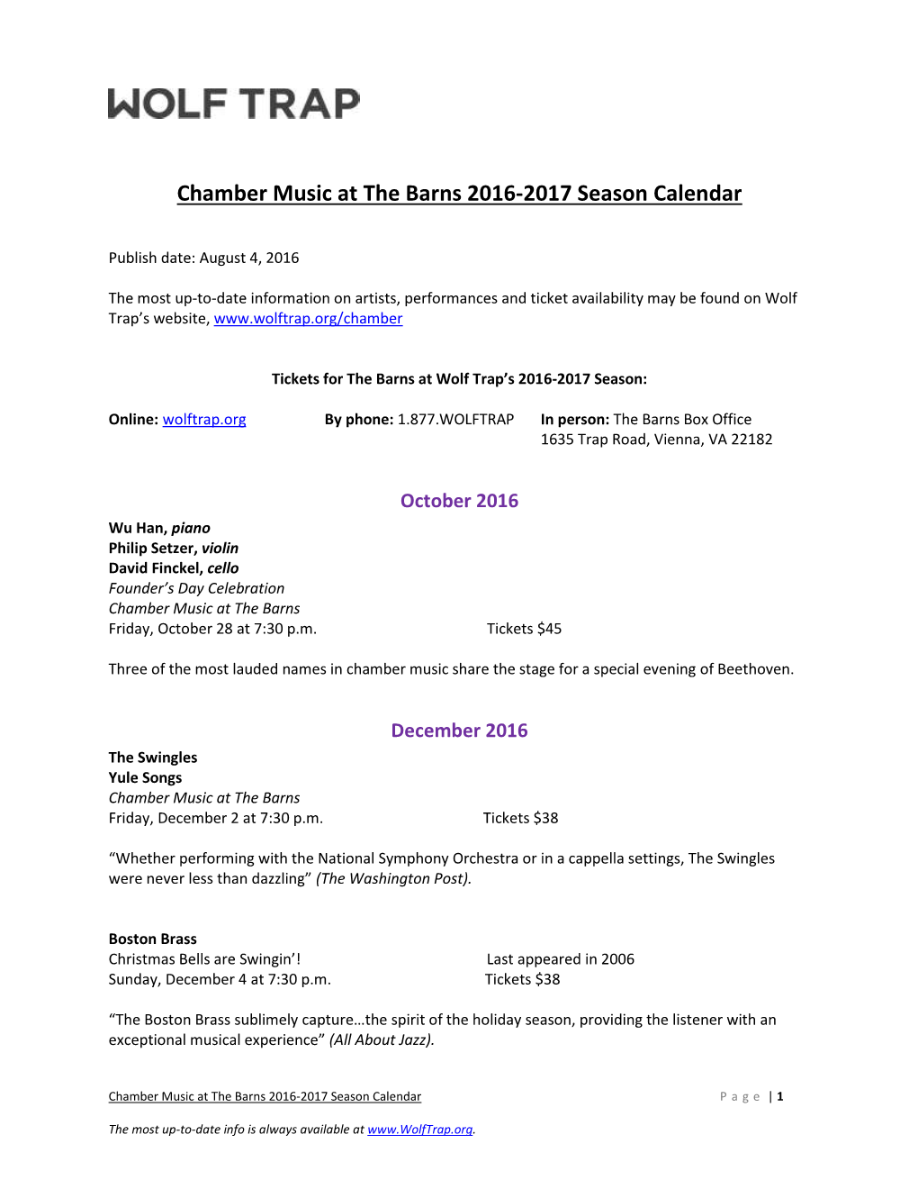 Chamber Music at the Barns 2016-2017 Season Calendar