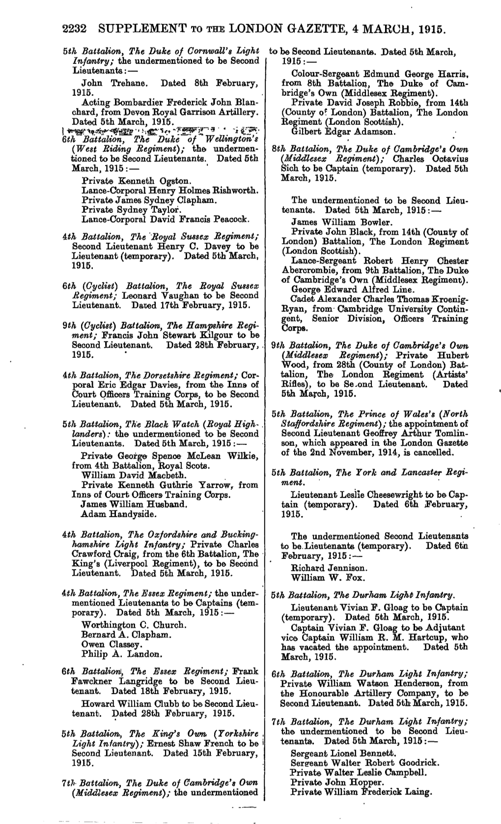 2232 Supplement to the London Gazette, 4 March, 1915