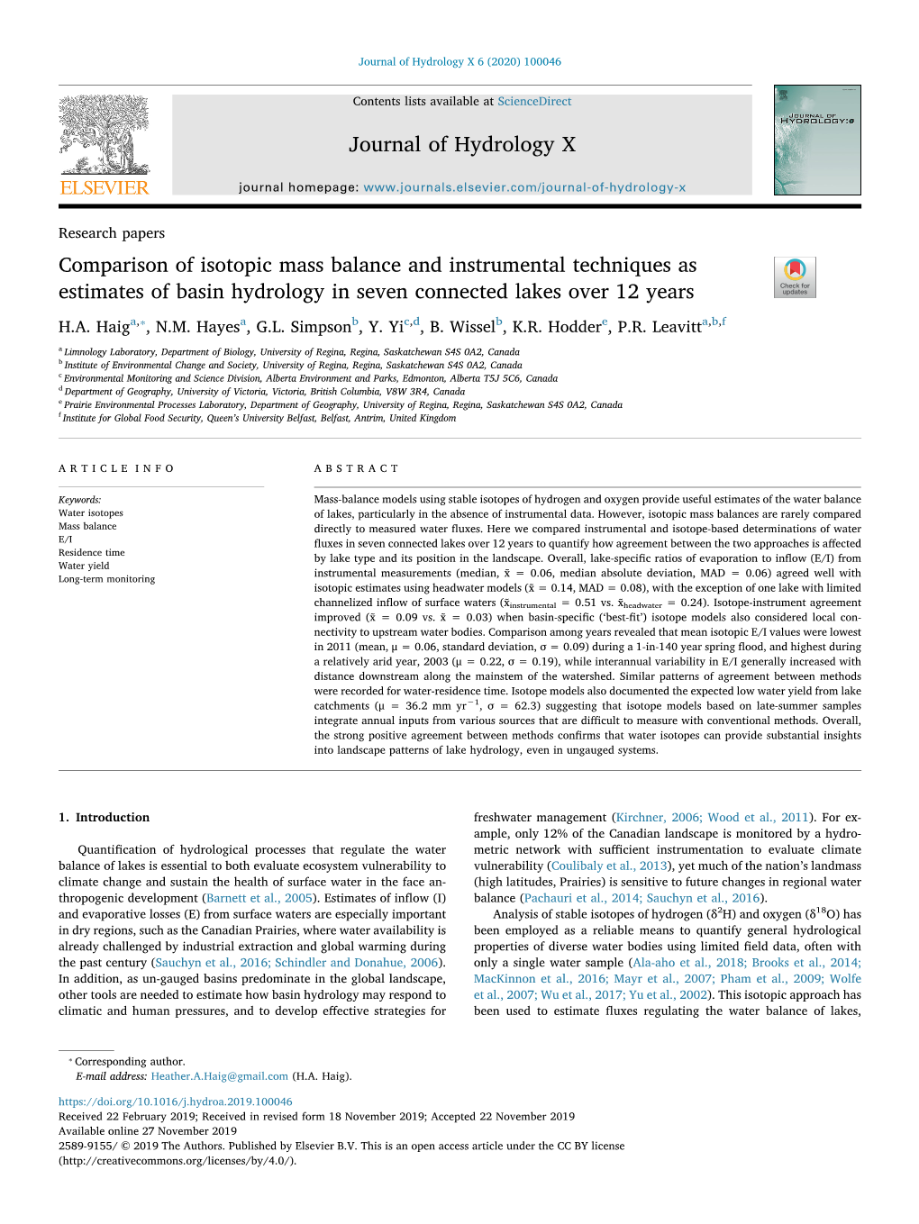 Journal of Hydrology X 6 (2020) 100046