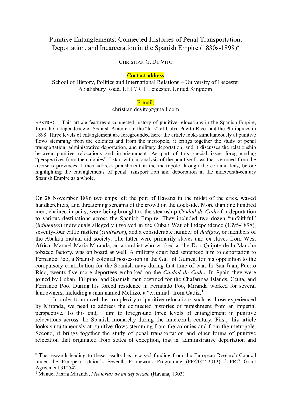 Connected Histories of Penal Transportation, Deportation, and Incarceration in the Spanish Empire (1830S-1898)∗