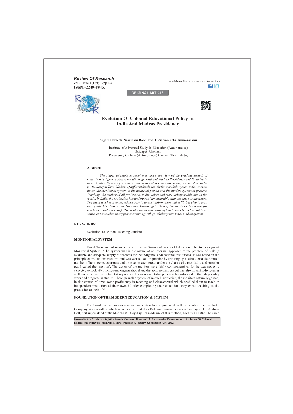 Evolution of Colonial Educational Policy in India and Madras Presidency