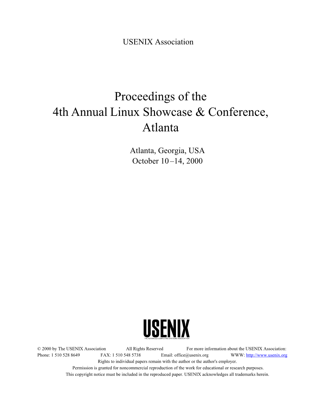 Proceedings of the 4Th Annual Linux Showcase & Conference, Atlanta