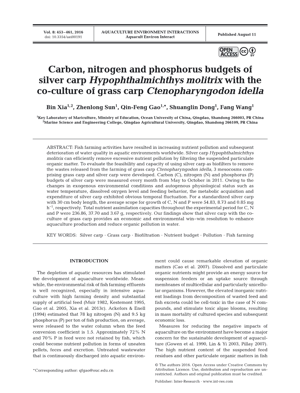 Carbon, Nitrogen and Phosphorus Budgets of Silver Carp Hypophthalmichthys Molitrix with the Co-Culture of Grass Carp Ctenopharyngodon Idella