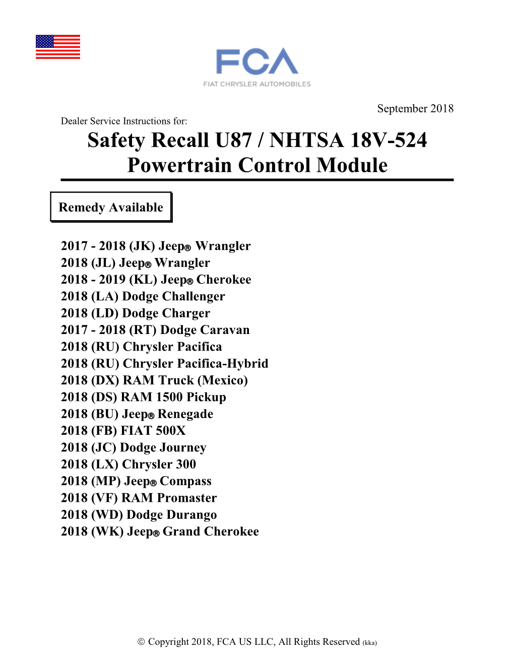 Safety Recall U87 / NHTSA 18V-524 Powertrain Control Module