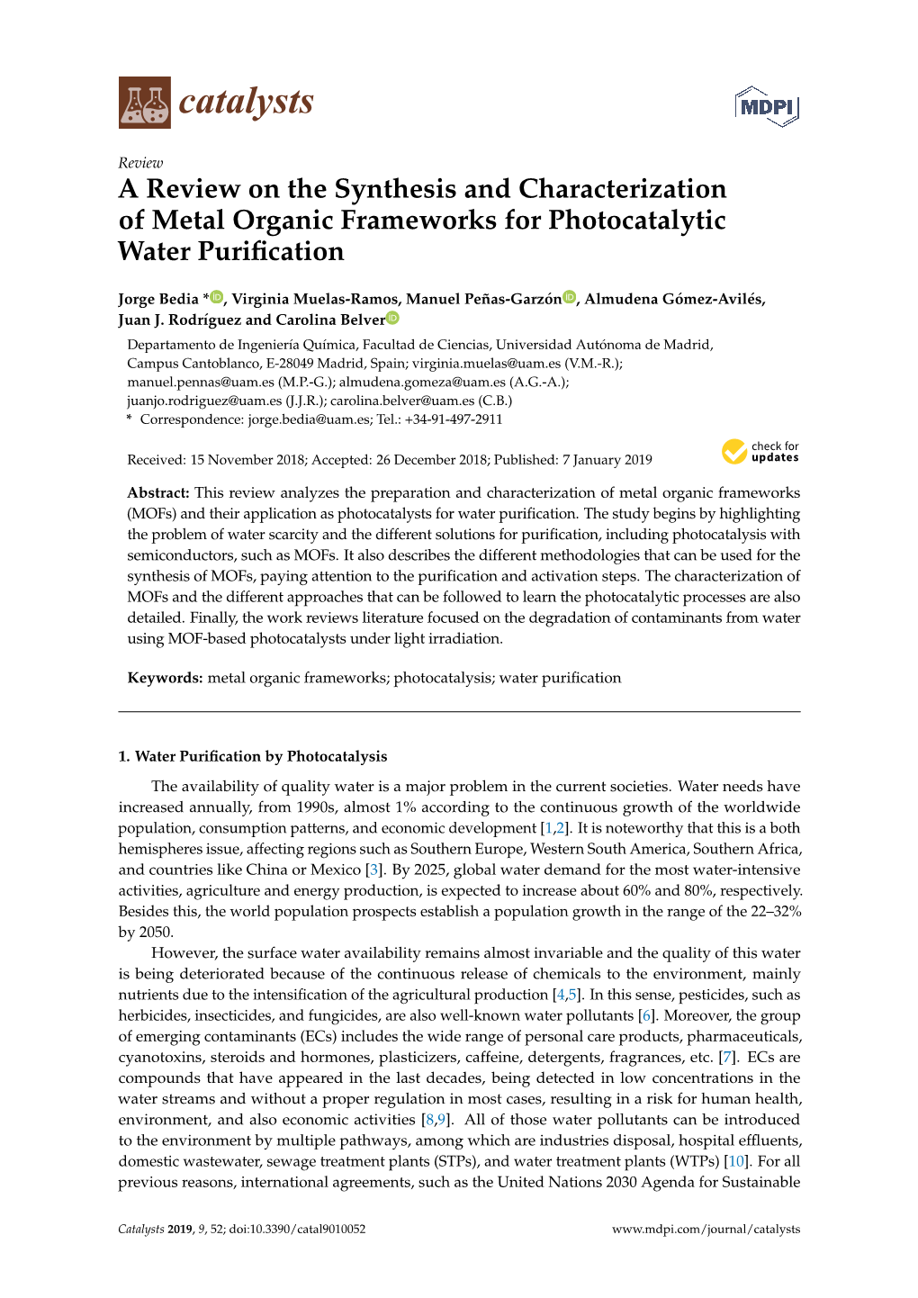 A Review on the Synthesis and Characterization of Metal Organic Frameworks for Photocatalytic Water Puriﬁcation