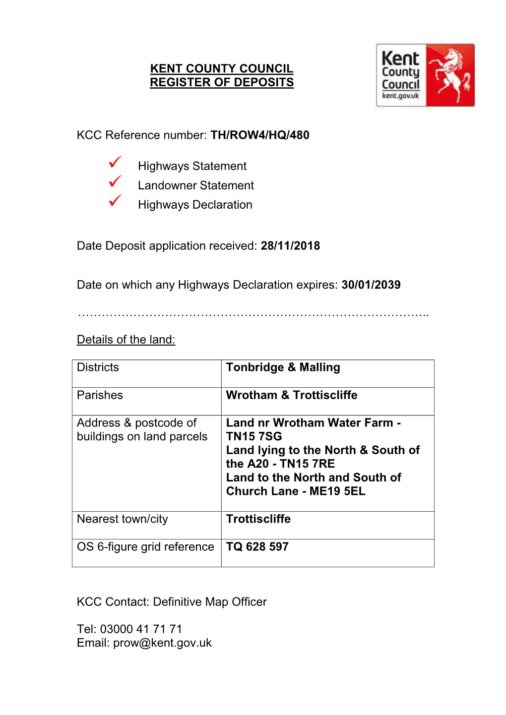 TH/ROW4/HQ/480 Highways Statement Landowner Statement