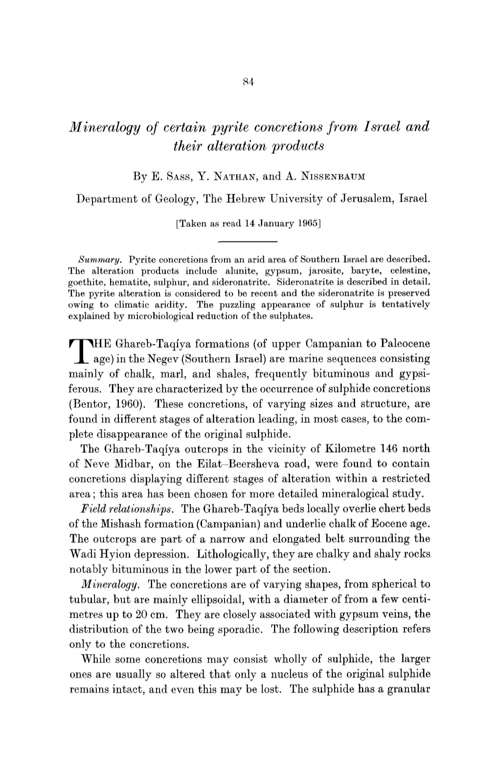 Mineralogy of Certain Pyrite Concretions from Israel and Their Alteration Products