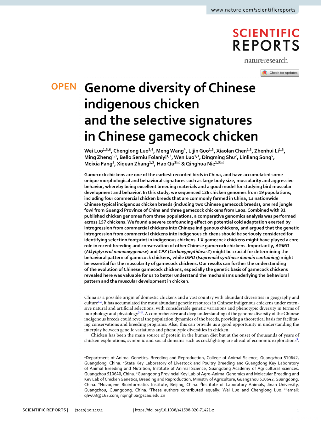 Genome Diversity of Chinese Indigenous Chicken and the Selective