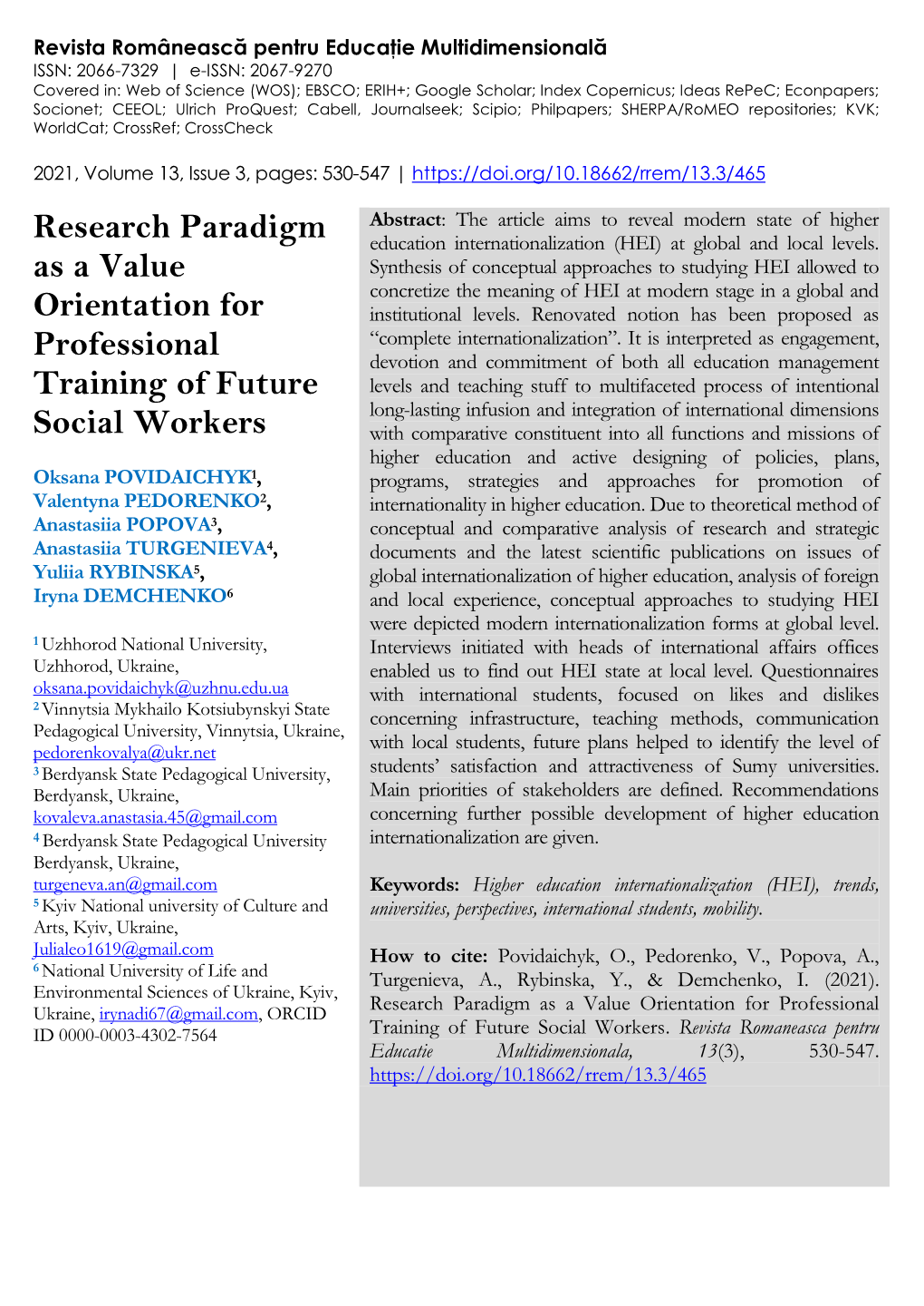Research Paradigm As a Value Orientation for Professional ID 0000-0003-4302-7564 Training of Future Social Workers