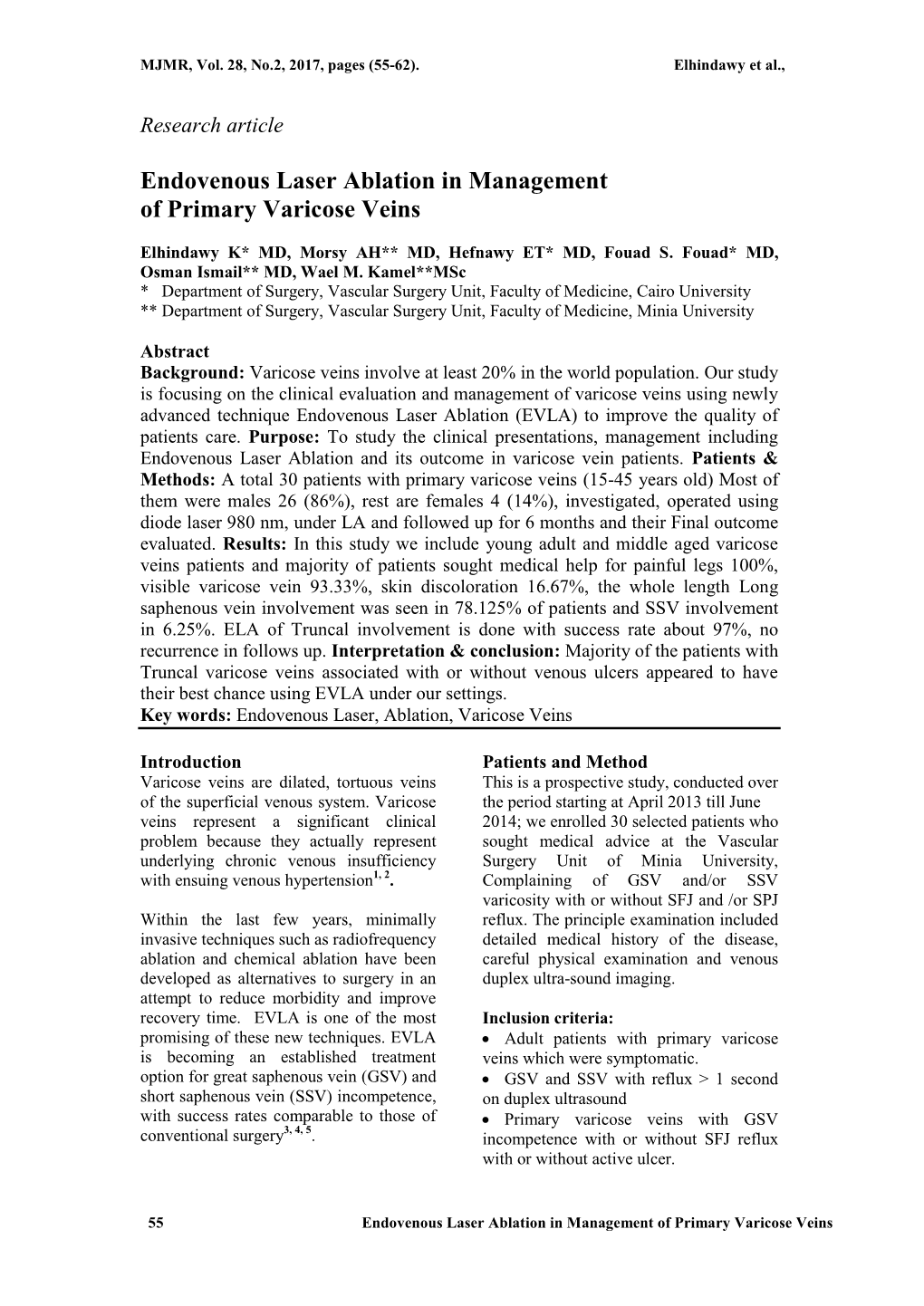 Endovenous Laser Ablation in Management of Primary Varicose Veins