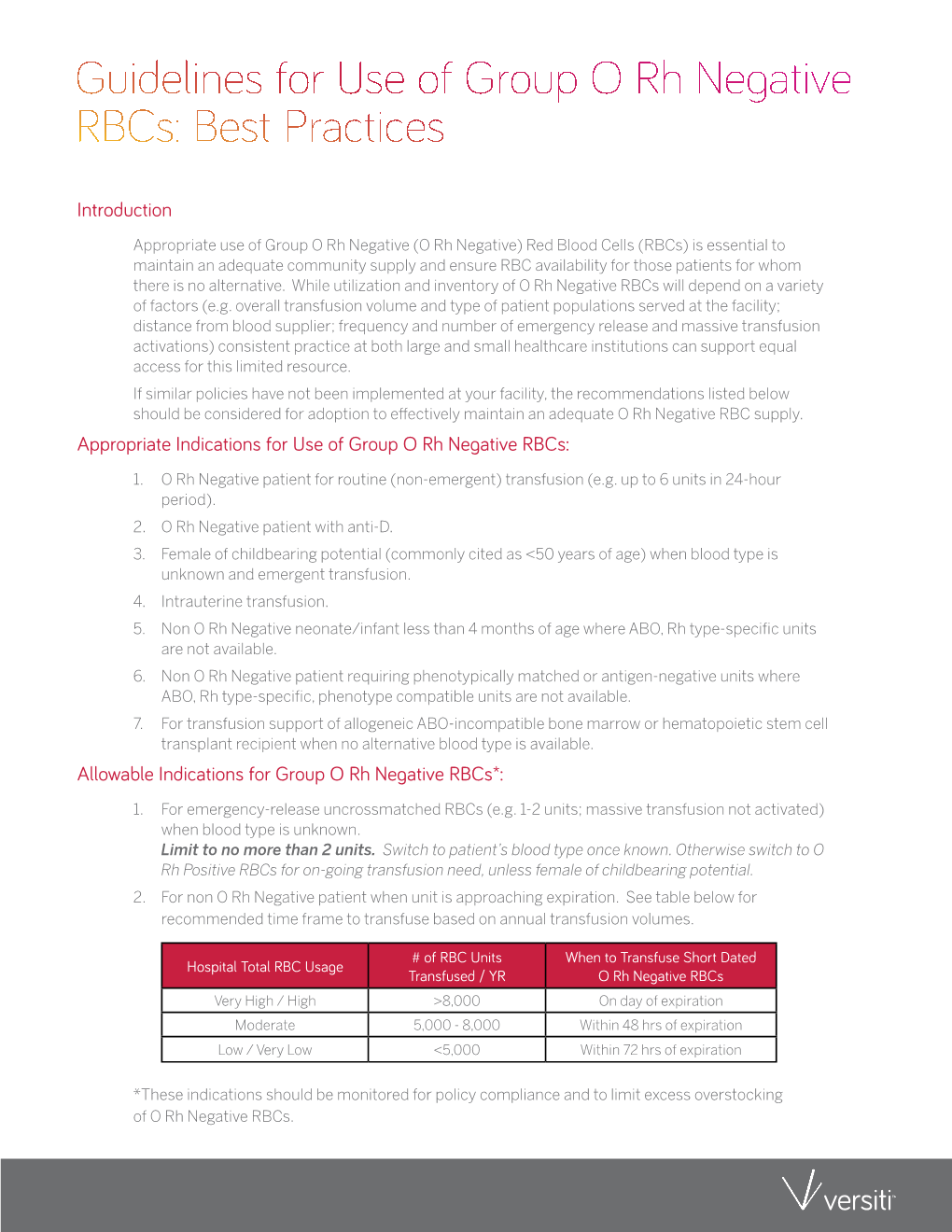 Guidelines for Use of Group O Rh Negative Rbcs: Best Practices