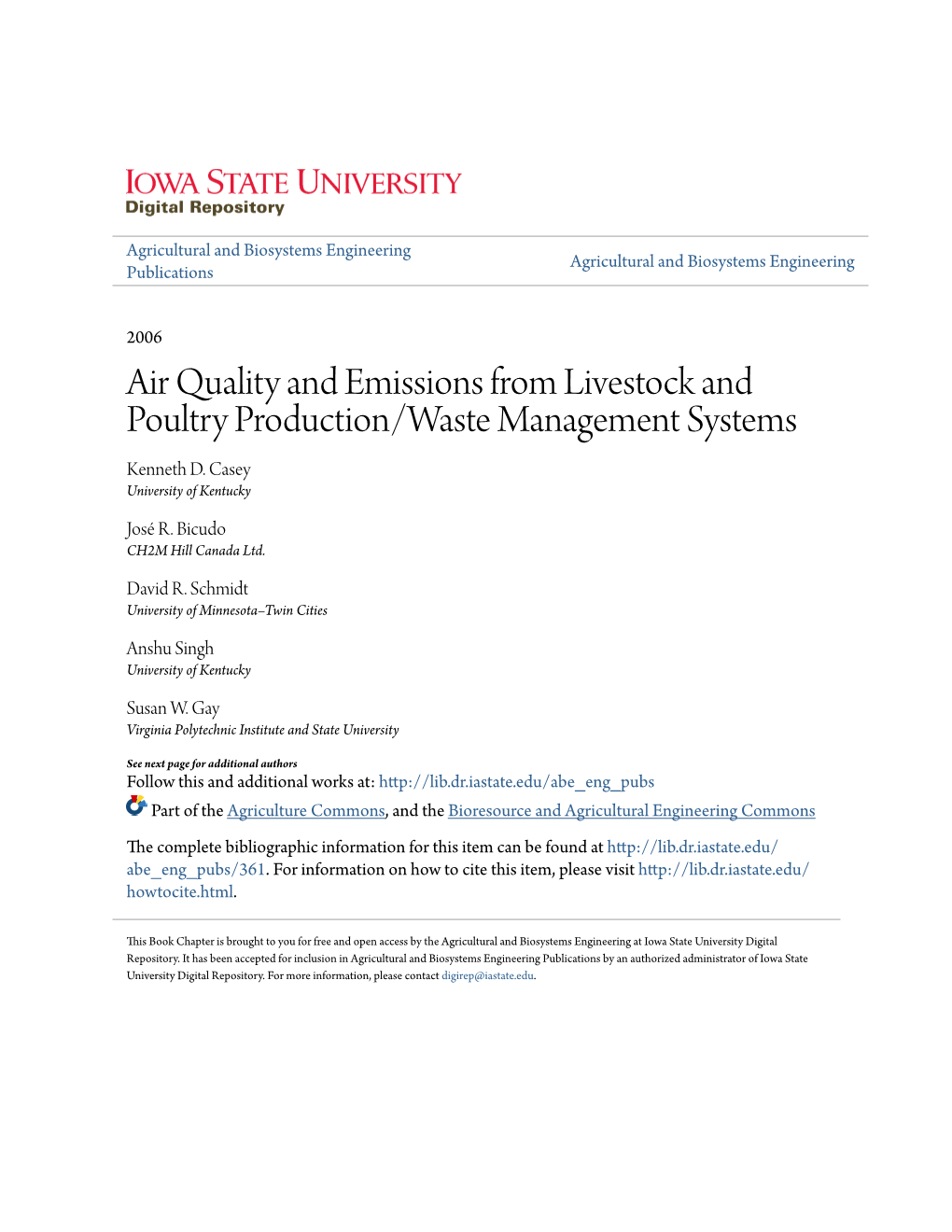 Air Quality and Emissions from Livestock and Poultry Production/Waste Management Systems Kenneth D