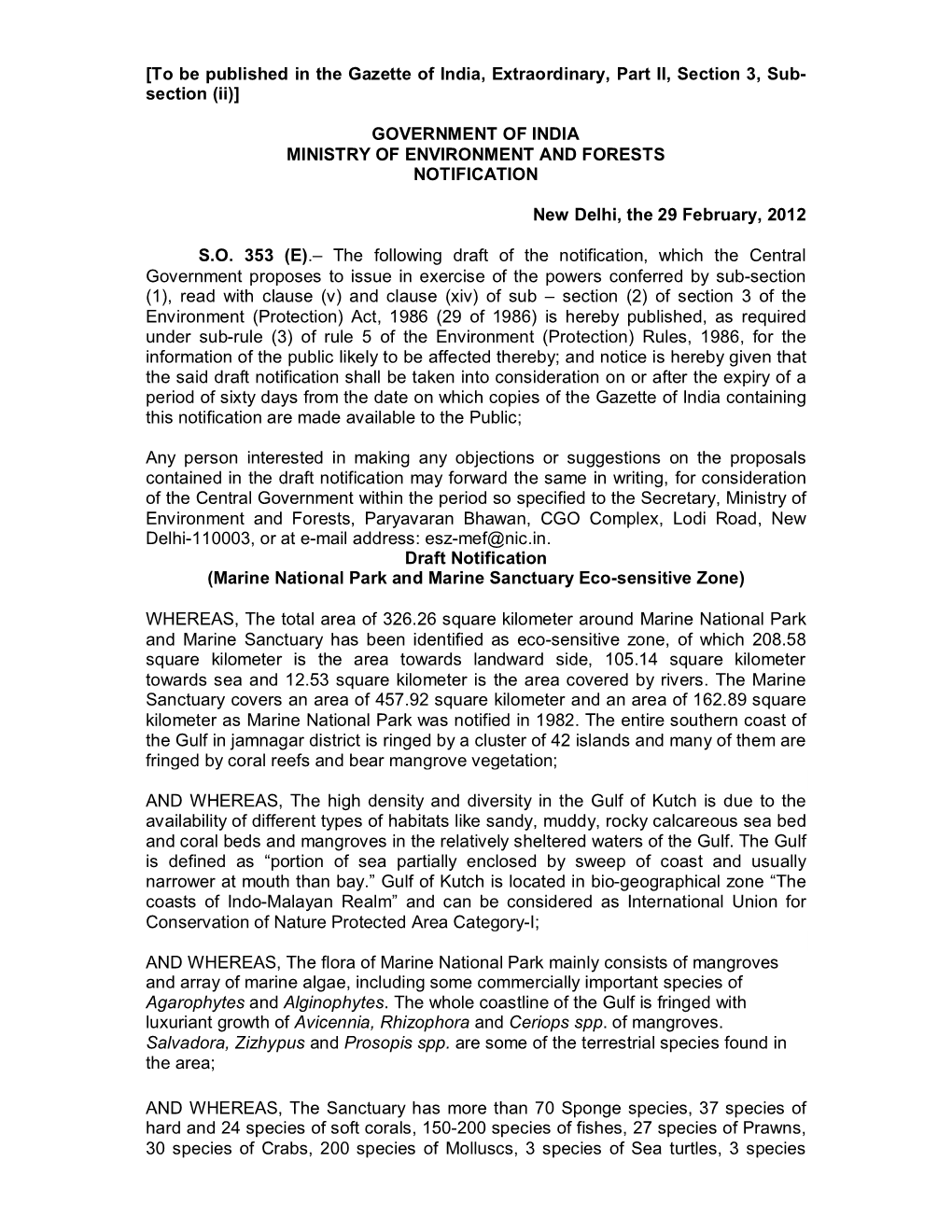 Government of India Ministry of Environment and Forests Notification