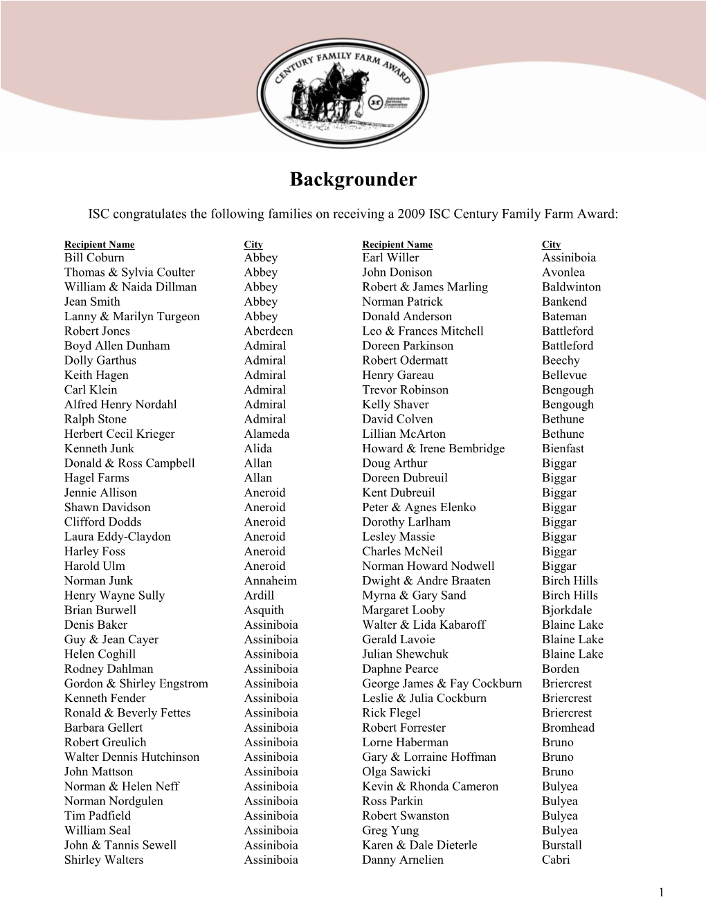 2009 ISC Family Farm Awards Backgrounder.Pdf