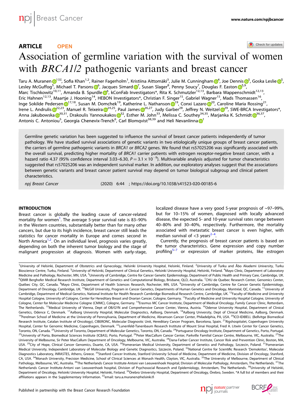 Association of Germline Variation with the Survival of Women with BRCA1/2 Pathogenic Variants and Breast Cancer ✉ Taru A