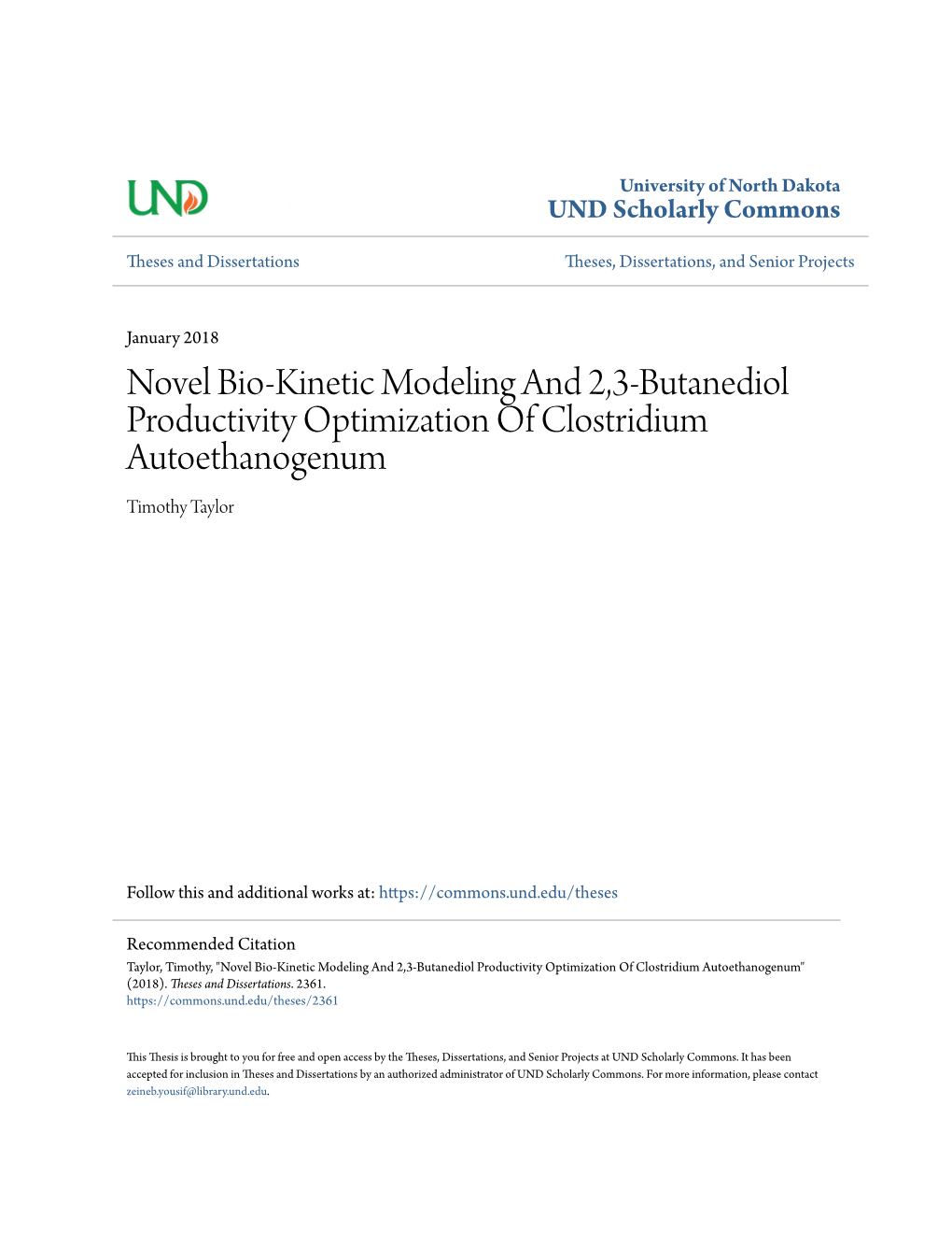 Novel Bio-Kinetic Modeling and 2,3-Butanediol Productivity Optimization of Clostridium Autoethanogenum Timothy Taylor