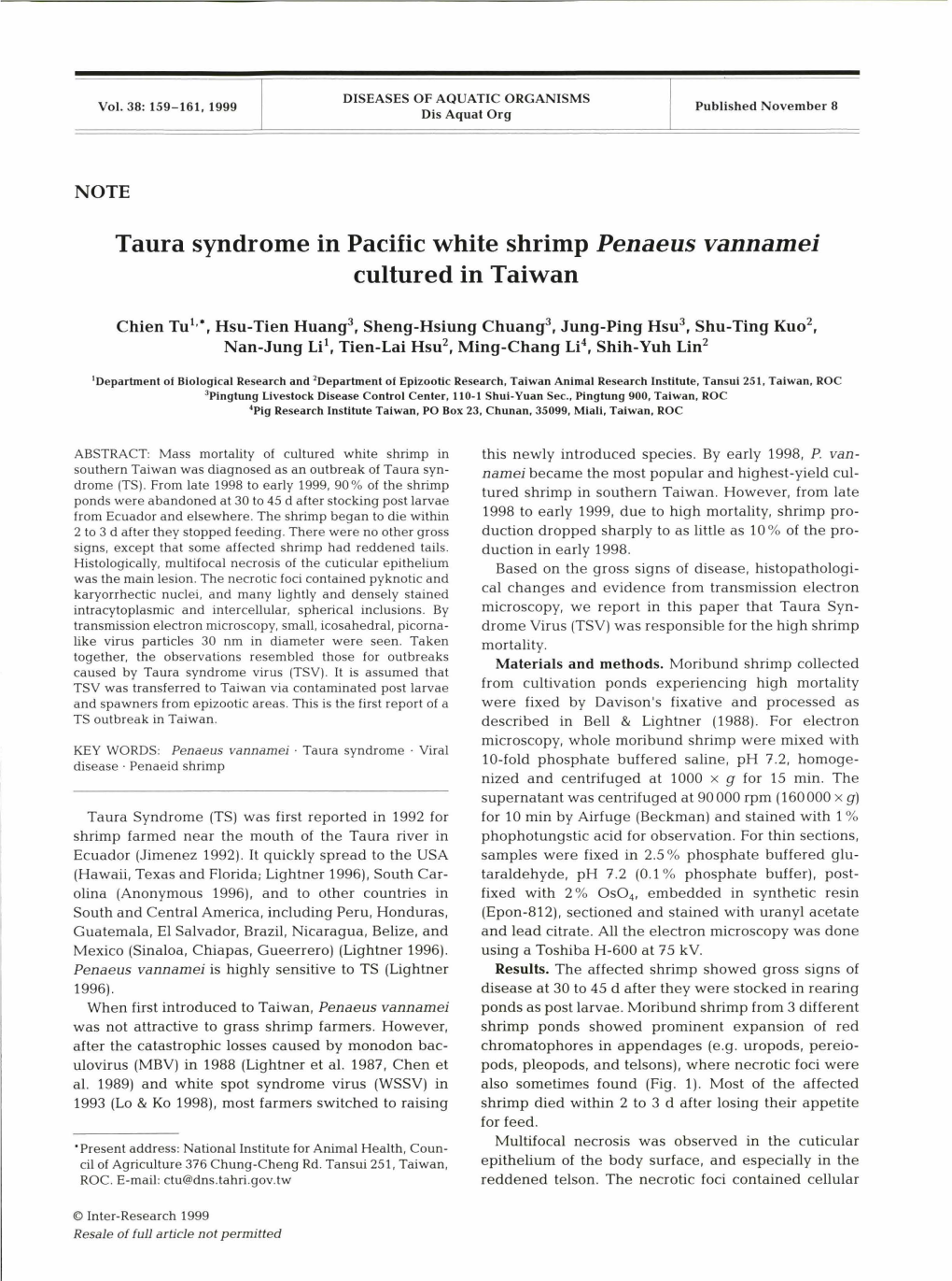 Taura Syndrome in Pacific White Shrimp Penaeus Vannamei Cultured in Taiwan