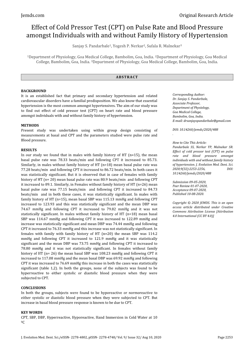 Effect of Cold Pressor Test (CPT) on Pulse Rate and Blood Pressure Amongst Individuals with and Without Family History of Hypertension