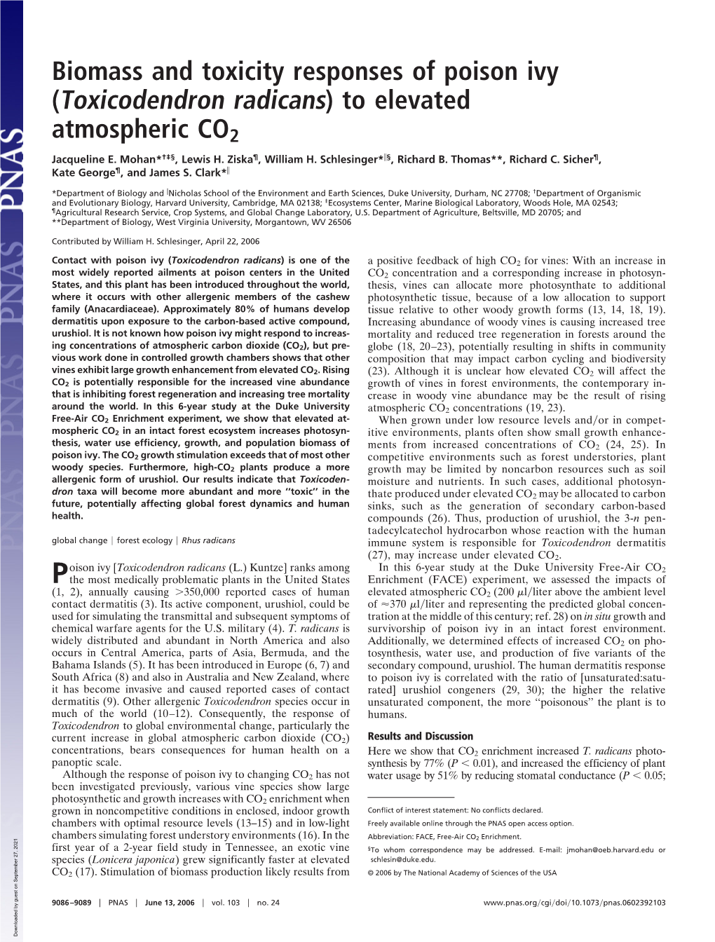 Biomass and Toxicity Responses of Poison Ivy (Toxicodendron Radicans) to Elevated Atmospheric CO2 Jacqueline E