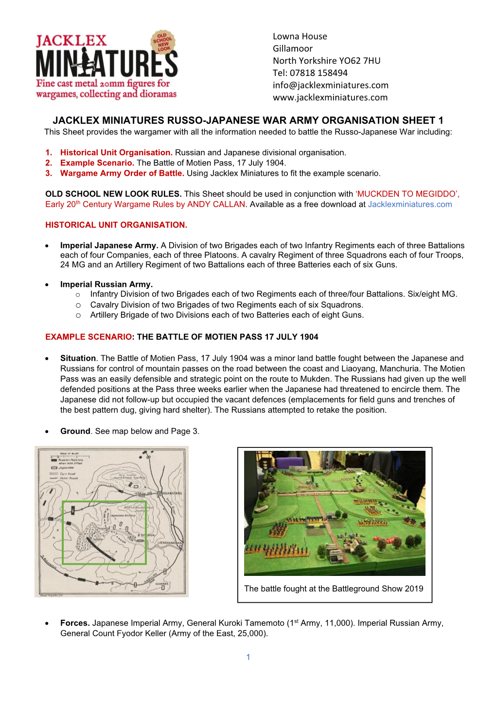 Jacklex Miniatures Russo-Japanese War Army Organisation Sheet