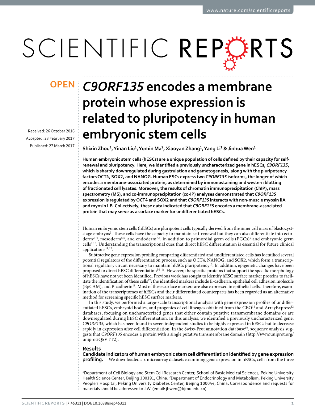 C9ORF135 Encodes a Membrane Protein Whose Expression Is Related to Pluripotency in Human Embryonic Stem Cells