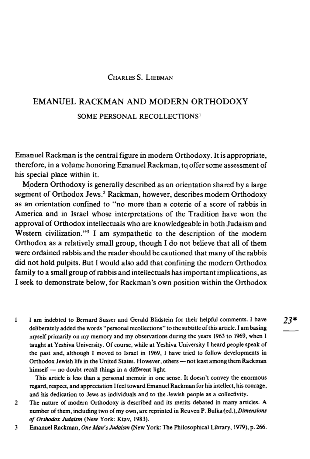 EMANUEL RACKMAN and MODERN ORTHODOXY SOME PERSONAL Recollectionsl