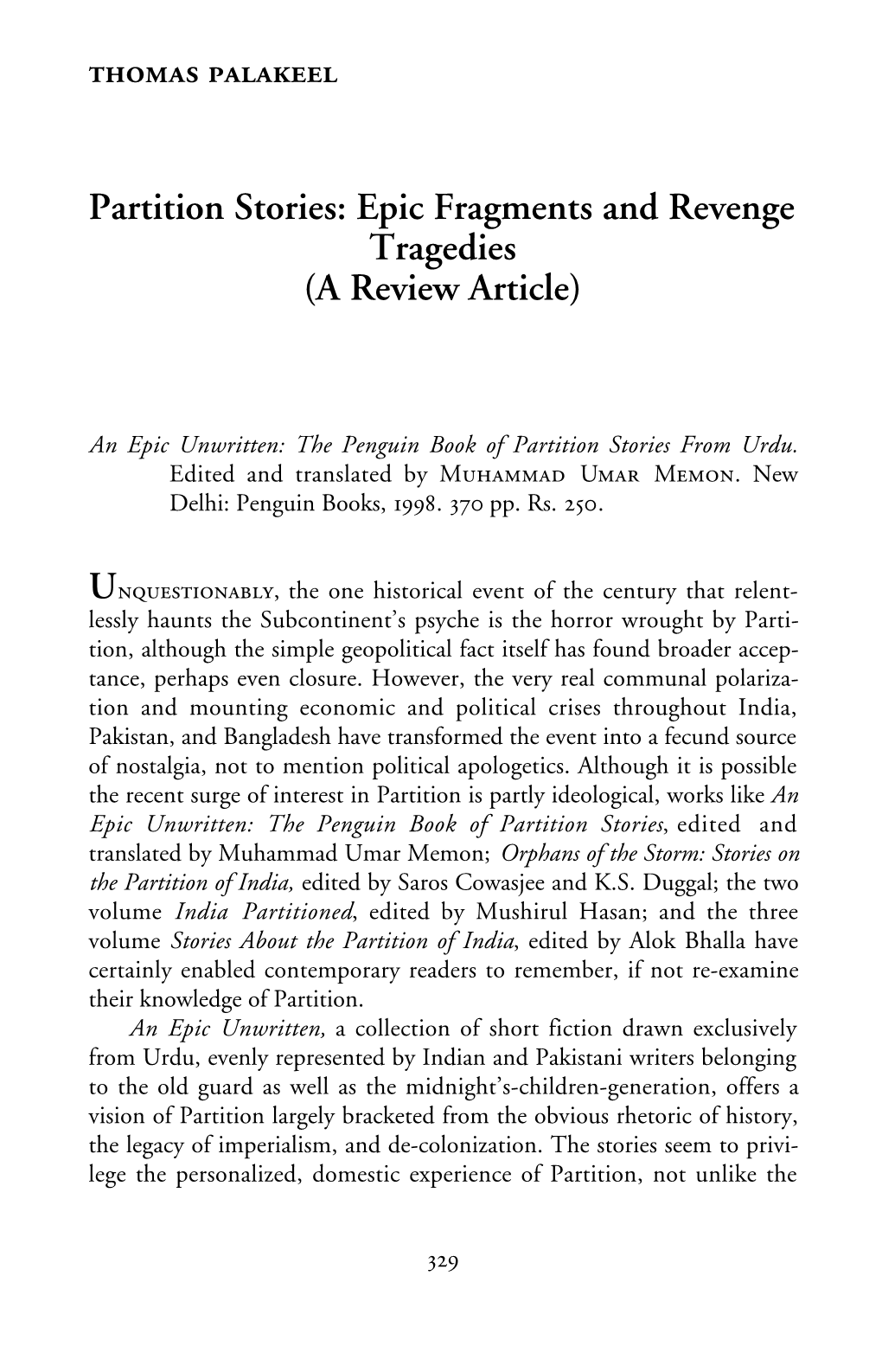 Partition Stories: Epic Fragments and Revenge Tragedies (A Review Article)