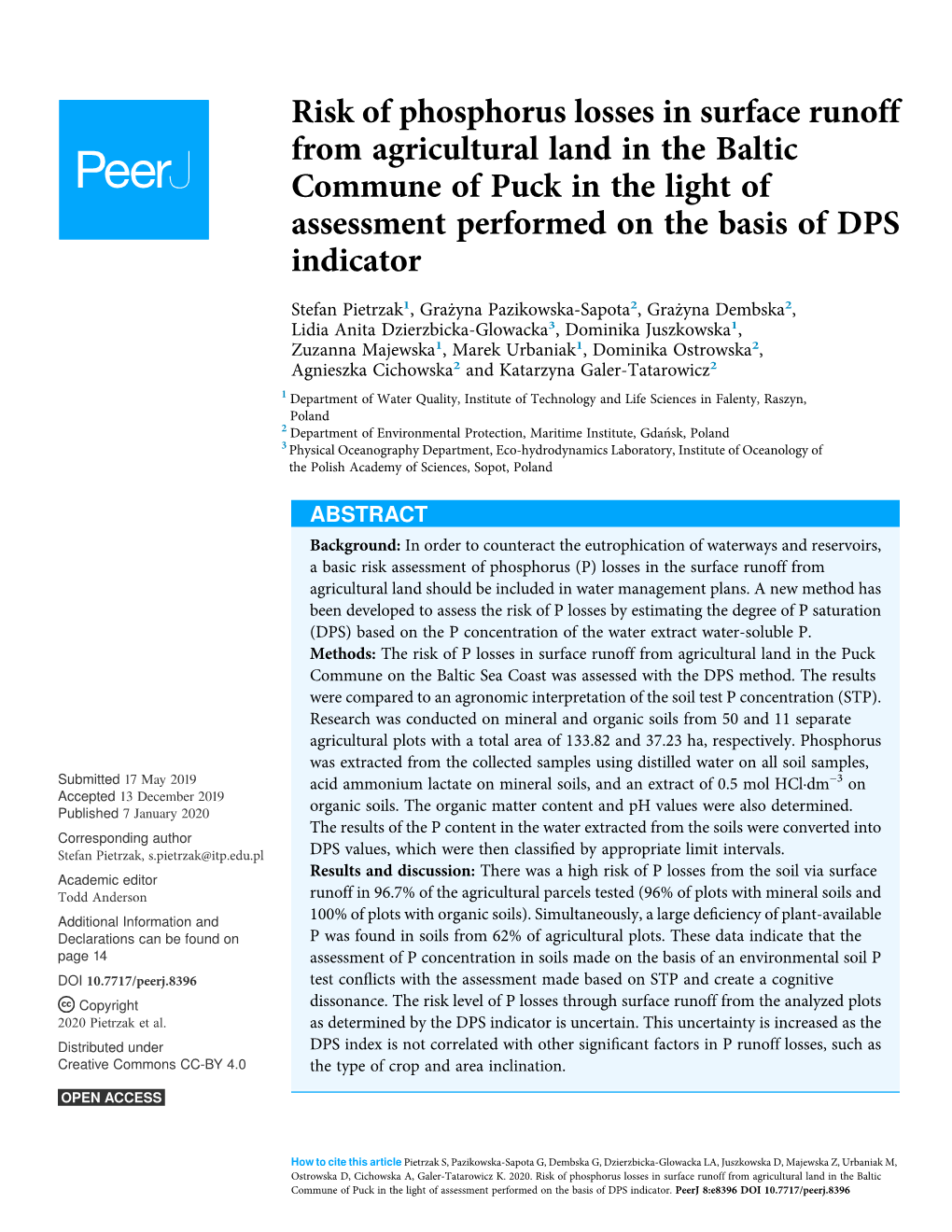 Risk of Phosphorus Losses in Surface Runoff from Agricultural Land in the Baltic Commune of Puck in the Light of Assessment Performed on the Basis of DPS Indicator