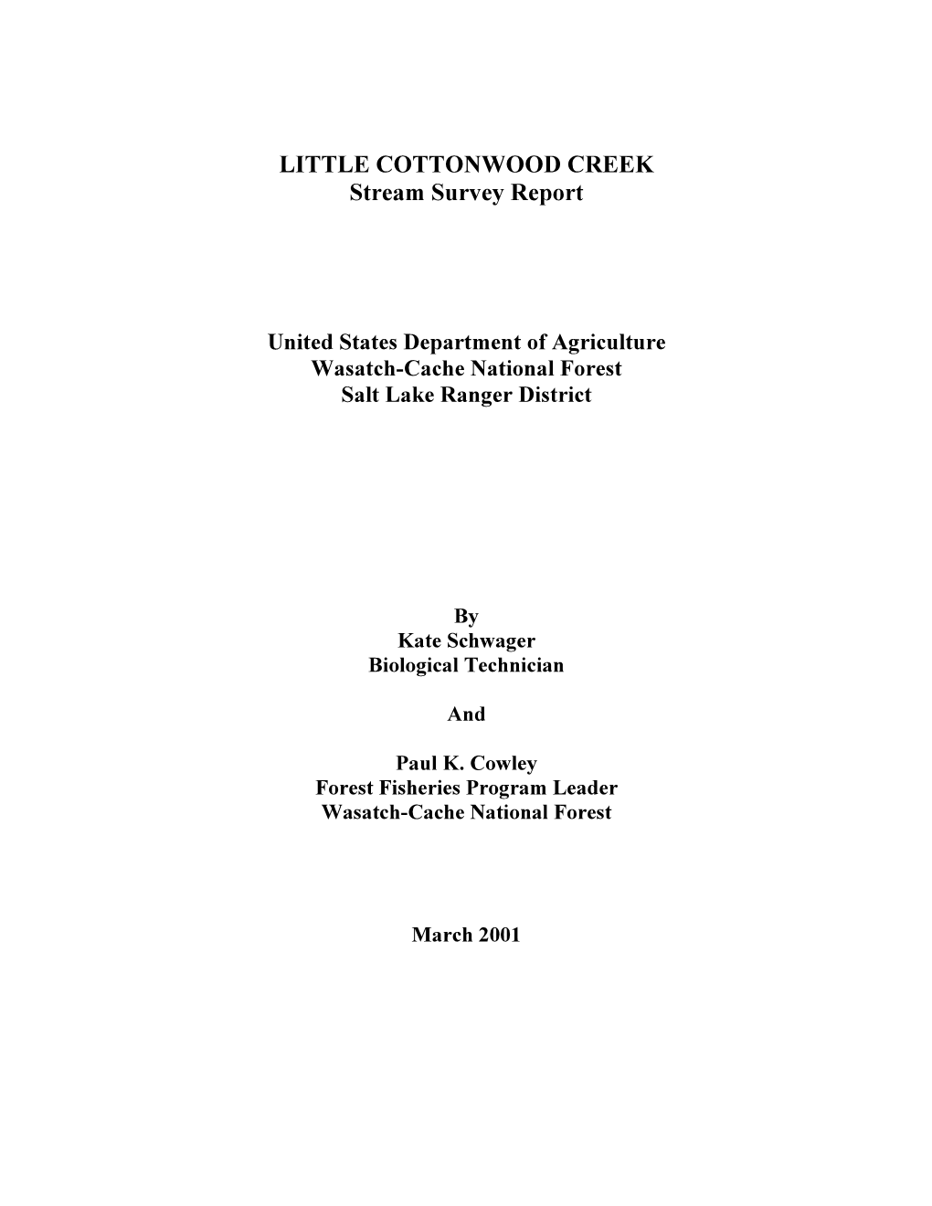 LITTLE COTTONWOOD CREEK Stream Survey Report