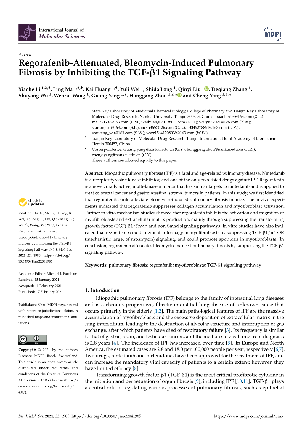 Regorafenib-Attenuated, Bleomycin-Induced Pulmonary Fibrosis by Inhibiting the TGF-Β1 Signaling Pathway