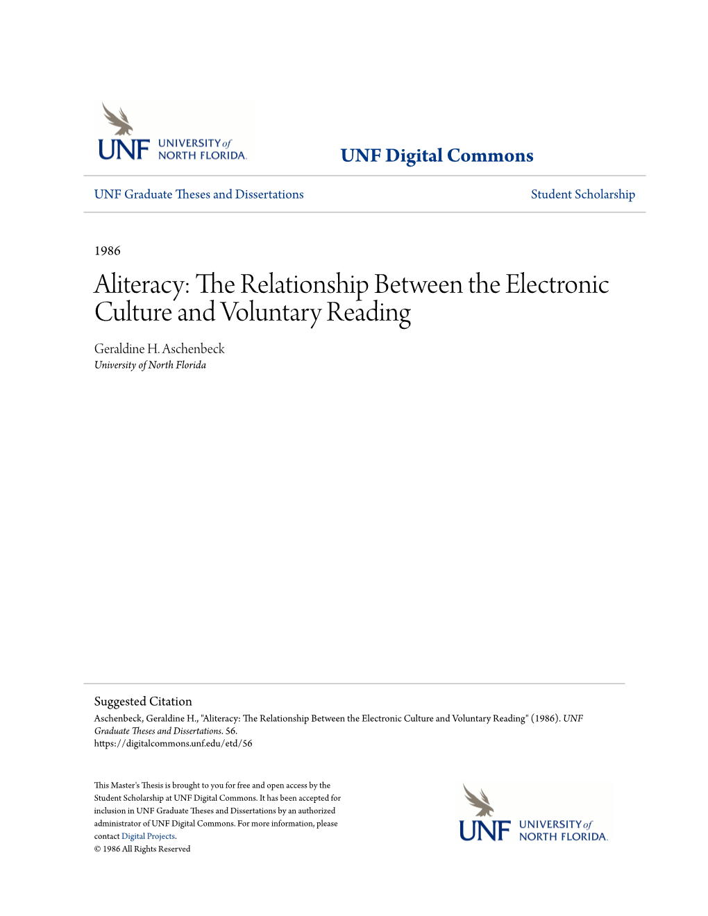 Aliteracy: the Relationship Between the Electronic Culture and Voluntary Reading Geraldine H