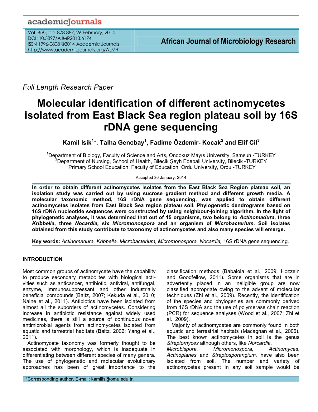 Molecular Identification of Different Actinomycetes Isolated from East Black Sea Region Plateau Soil by 16S Rdna Gene Sequencing