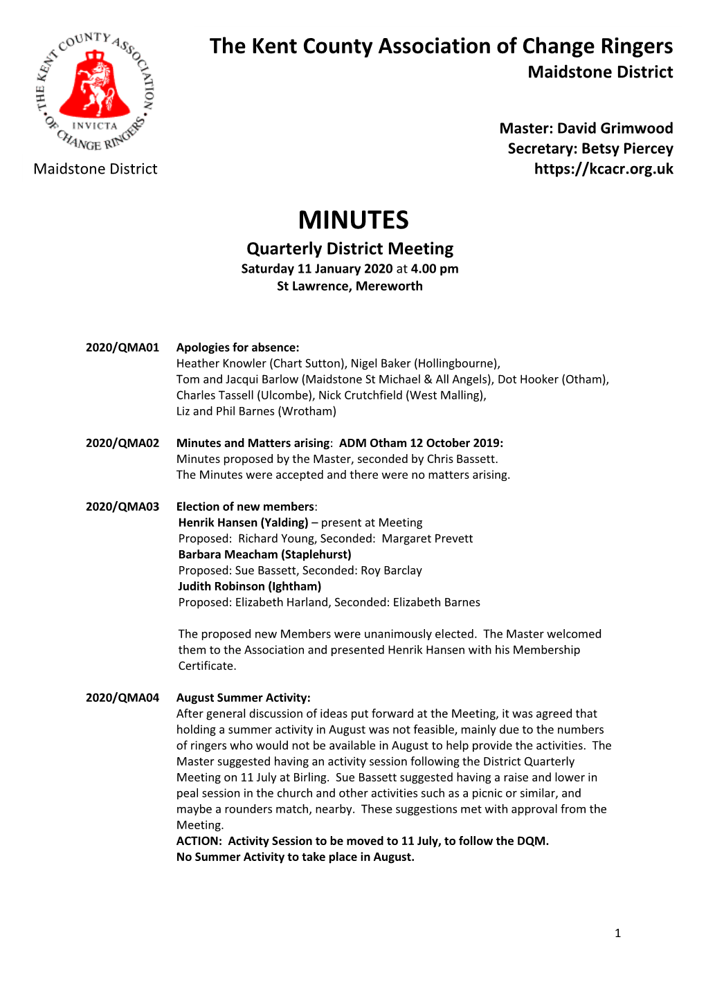 Minutes for Quarterly District Meeting 11 January 2020