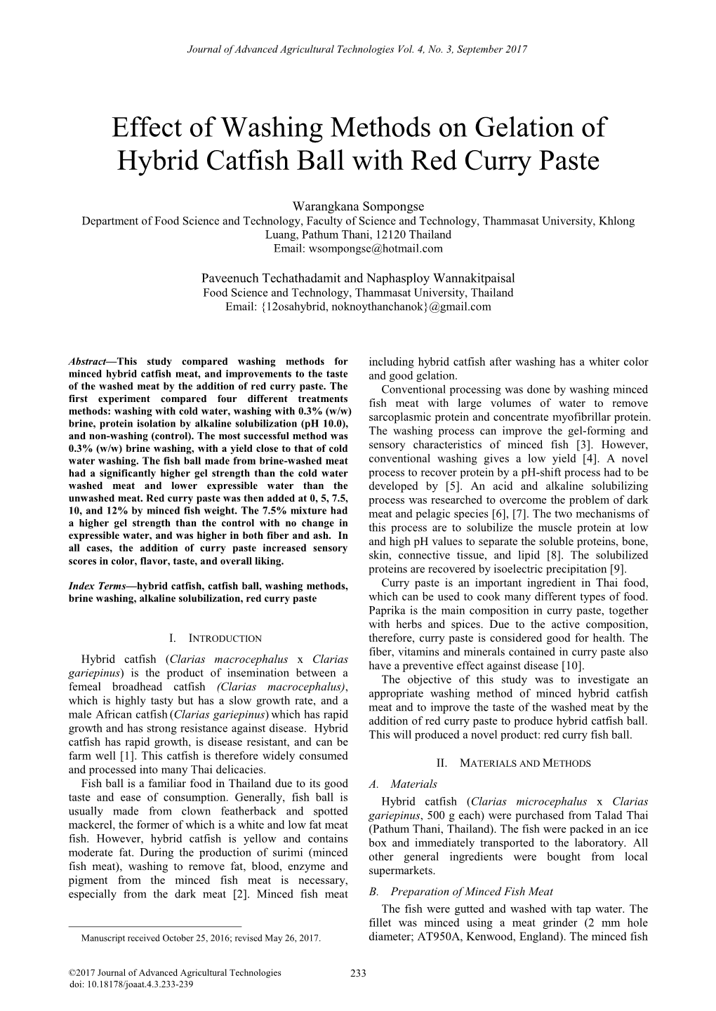Effect of Washing Methods on Gelation of Hybrid Catfish Ball with Red Curry Paste
