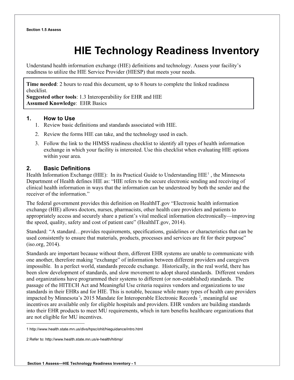 1 HIE Technology Readiness Inventory