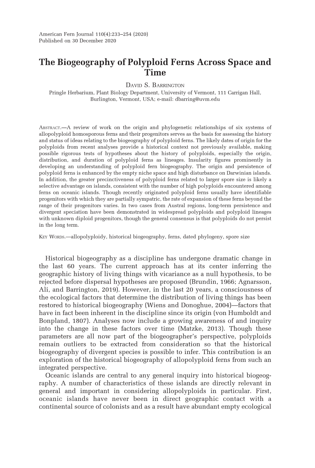 The Biogeography of Polyploid Ferns Across Space and Time