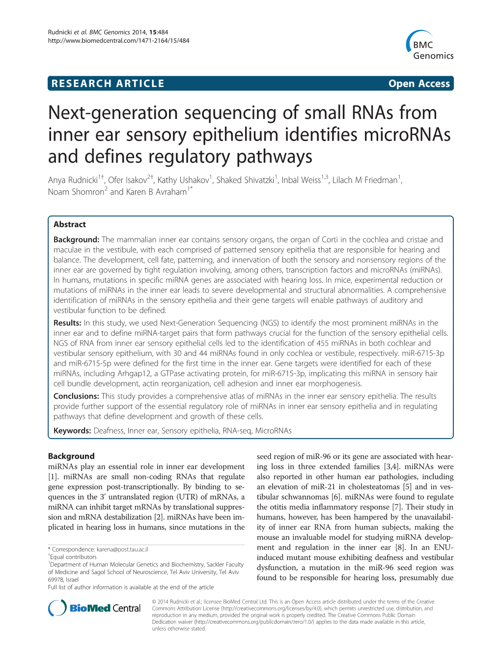 Next-Generation Sequencing of Small Rnas from Inner Ear Sensory